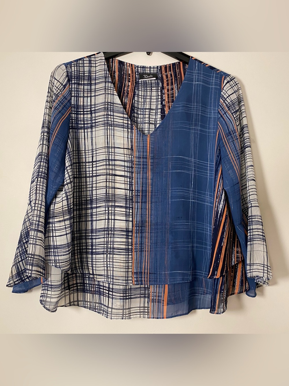 Bali Navy, Cream & Orange Mixed Plaid V-Neck Blouse